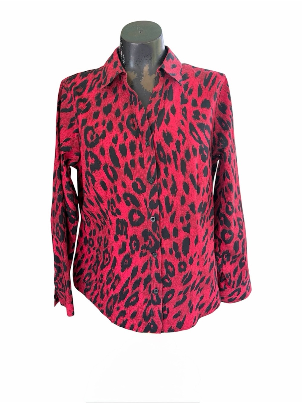 Chico’s Leopard Print Buttoned Up Blouse Sz2 U.S.L Long Sleeve Collard